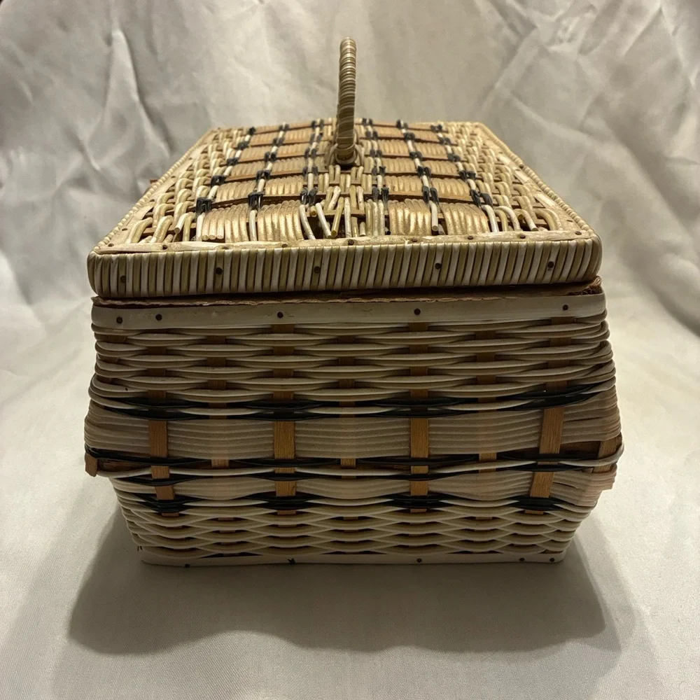 Woven Wicker Sewing Basket W/ Pink Satin Padded Interior Basket with Handle